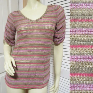 DKNY Y2K Vintage 80s 90s Womens Knit Crochet See-Through Top M Net/Mesh Striped - Picture 1 of 12
