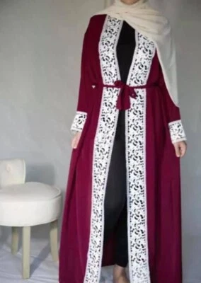 Vestido Largo Abaya Azul Granate Abierto Frontal Vestido Árabe Blanco Encaje S M L XL XXL Foto 1 de 4