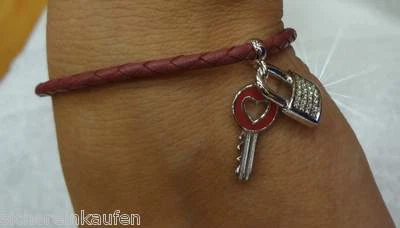 Esprit Leder-Armband Armbändchen #91101 Rosa-Rot, 925er SILBER; Herz-Schlüssel - Bild 1 von 4