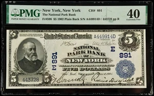 Fr#598 1902 $5 US The National Park Bank of New York National Currency PMG 40 EF - Picture 1 of 2