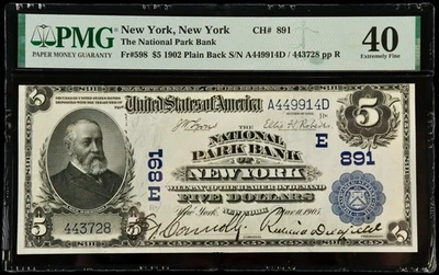 Fr#598 1902 $5 US The National Park Bank of New York National Currency PMG 40 EF - Image 1 of 2