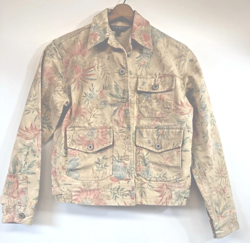 Винтажный Lauren Ralph Lauren джинсовой ткани куртка женщин XSmall желтовато-коричневый цветочный коттедж сарая Y2K - Изображение 1 из 4