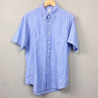 Brooks Brothers Linen Shirt Sz L Short Sleeve Button Down Slim Fit Blue Coastal - Image 1 of 4