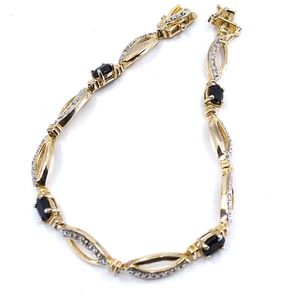 DL Signed 925 Gold Over Sterling Silver Dark Blue Sapphire Tennis Bracelet - Picture 1 of 8