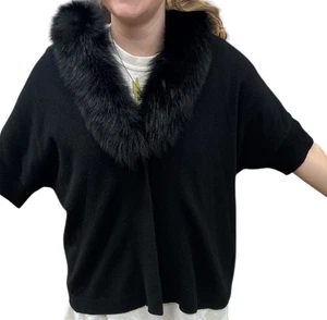 NWT Saks Fifth Ave Black 100%Cashmere Sweater Womens M Fox Fur Collar - Picture 1 of 6