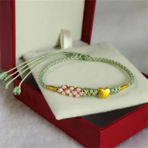 999 24K Yellow Gold Chain Women Lucky 3D Heart Bead Bracelet - Picture 1 of 6
