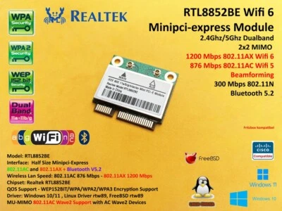 Wifi 6 Mpcie Minipci-express 802.11AC/AX WLAN+Bluetooth 5.2 RTL8852BE AX1800 - Bild 1 von 3