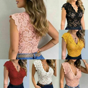 Sexy Women Sleeveless Lace Hollow T-shirt Blouse Vest V Neck Slim Tee Top‹ - Picture 1 of 19