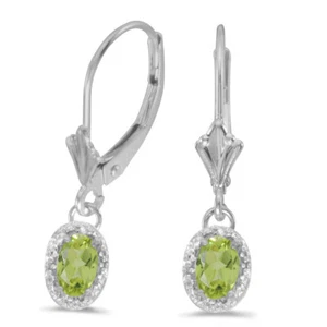 10k White Gold Oval Peridot And Diamond Leverback Earrings - Picture 1 of 3