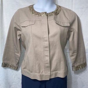 NWOT FIRST ISSUE LIZ CLAIBORNE WOMENS KHAKI DENIM JACKET BEADED COLLAR SIZE XL - Picture 1 of 12