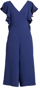 Rachael Roy Cropped Jumpsuit Womens Navy Ruffled Sleeves V Neck - Picture 1 of 10