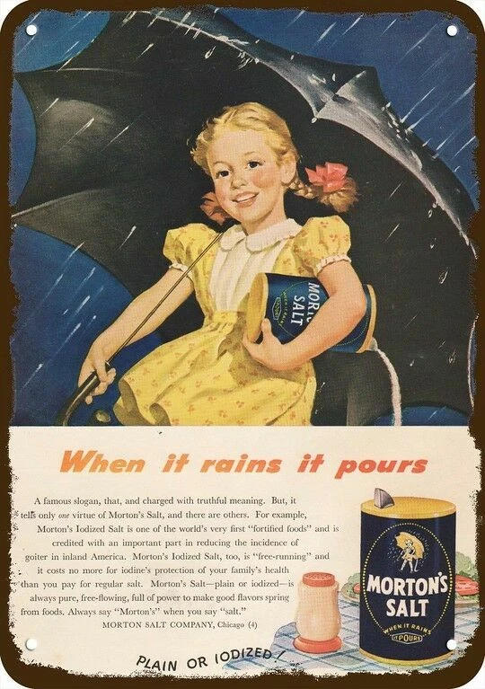 1946 MORTON'S SALT Girl Rain Umbrella Vintage-Look DECORATIVE REPLICA METAL SIGN - Image 1 of 1