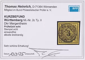 =Württemberg Mi.Nr.2 cII gest. (Dkr Mergentheim) Befund Heinrich BPP - Luxus!= - Bild 1 von 3