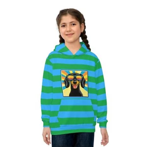 Dachshund Dog In Stripes Youth Kids Hoodie Blue Green Striped Preppy Girls Boys - Picture 1 of 43