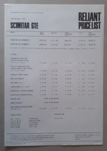 Folleto/folleto de lista de precios y opciones Reliant Scimitar GTE 1975 - Imagen 1 de 2