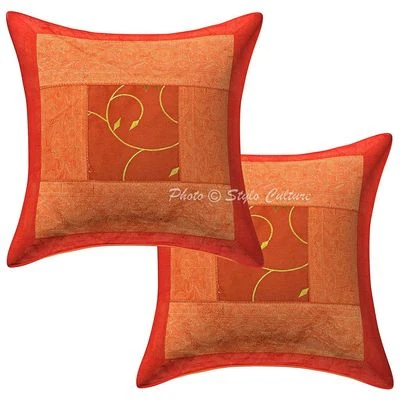 Polydupion Cushion Covers Indian Brocade Patchwork Orange Floral Home Decor - Image 1 of 3