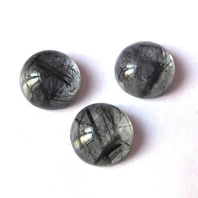 10X10 mm Round Cut Natural Black Rutilated Quartz Cabochon Gemstone 3 Pieces Lot - Image 1 of 4