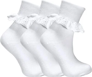 New Baby Girls 3 Pairs White Cotton Soft Frilly Lace Trim Ankle Socks 0-12 MTHS - Picture 1 of 2