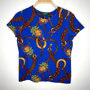 Lauren Ralph Lauren Women Sz PM Bit Bridle Print T Shirt Top Equestrian Preppy - Picture 1 of 9