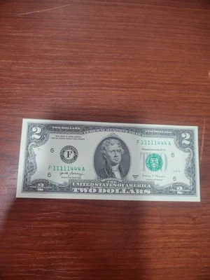 2017A - $2 Two Dollar Bill - F11111444A FANCY NOTE - Image 1 of 4