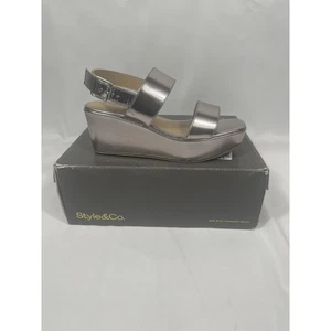 Style & Co Shoes Women's Size 6 Pewter Ardennp Wedge Platform Sandals Metallic - Picture 1 of 7