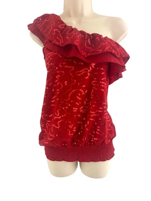 Red Double Ruffle Sequins One-Shoulder Blouson Top Blouse Shirt Size Medium - Image 1 of 4