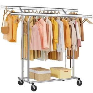 Double Rod Clothes Rack 600 LBS, Heavy Duty Clothing Rack with Wheels, Collap... - Picture 1 of 8