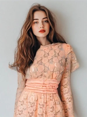 50s Lace Midi Dress Womens Size X-Small Long Sleeve Open Back Button Ruch Peach - Image 1 of 4