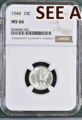 NobleSpirit 1944 10¢ Silver Mercury Dime NGC MS 66 - Image 1 of 2