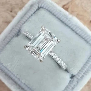 3Ct Emerald-Cut Moissanite Solitaire Engagement Ring 14K White Gold Plated - Picture 1 of 4