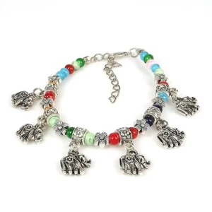 Ladies Tibetan Silver Elephant Bracelet Multicoloured Turquoise Bead Bangle - Picture 1 of 2