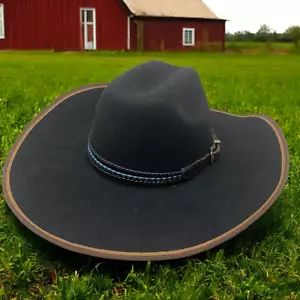 Vintage Stetson Low Crown Black Felt Wide Brim Cowboy Hat Leather Trim Hatband - Picture 1 of 8
