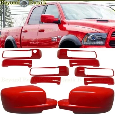 For 2009-2019 Dodge Ram Crew Door Handles NoPSK+Mirror COVERS NoTS PR4 FLAME RED — 第 1/4 张图片
