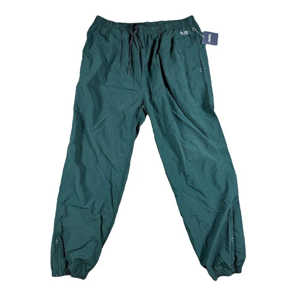 Nautica Vintage Green Track Pant Windbreaker Nylon Jogger Ankle Zip Pockets XXL