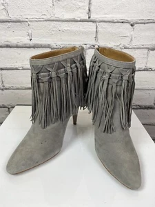 Nine West Casandri Gray Suede Fringe Stiletto Ankle Boots Size 9 Boho Heels EUC  - Picture 1 of 8