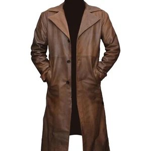 Gabardina larga de cuero real plumero abrigo marrón envejecido Batman para hombre - Imagen 1 de 5