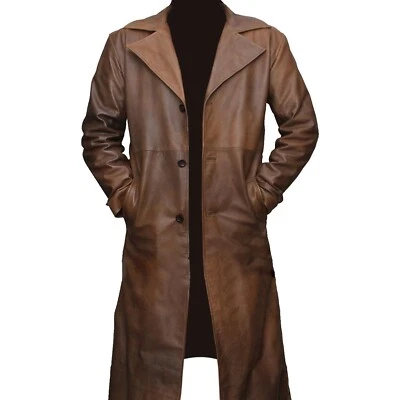 Manteau trench long en cuir véritable plumetis marron vieilli pour hommes - Photo 1/4