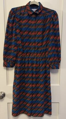 Vintage Mod Dress 8 Geometric Stripes Mad Men 70s Retro Modest Leslie Fay - Imagem 1 de 4