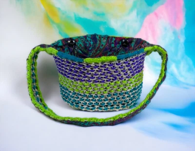 Boho Handmade Bottle Cap Soda Tabs Purse Purple And Lime Green Paisley Liner EUC - Image 1 of 4