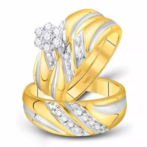 10kt Yellow Gold His Hers Round Diamond Cluster Matching Bridal Wedding Ring Set - Picture 1 of 3