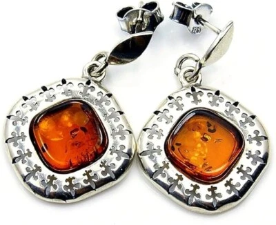 NUEVO Pendientes colgantes ámbar flor de lis de plata de ley 925 Foto 1 de 3