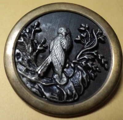 vintage Metal BUTTON Bird in Tree 1 1/2" - Image 1 of 2