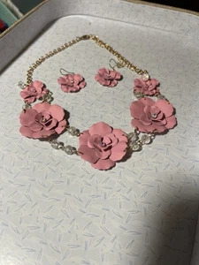 Rosa Blumen Halskette Ohrring Set Metall goldfarben Schmuck Hochzeit Abschlussball CC15 - Bild 1 von 4