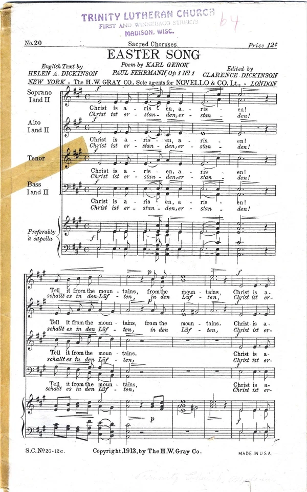Easter Song – Paul Fehrmann / Helen A. Dickinson – SATB - Image 1 of 1