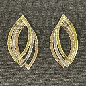 80's 14K Tricolor Herringbone Leaf Dangle Earrings. Yellow White & Rose Gold. - Picture 1 of 16