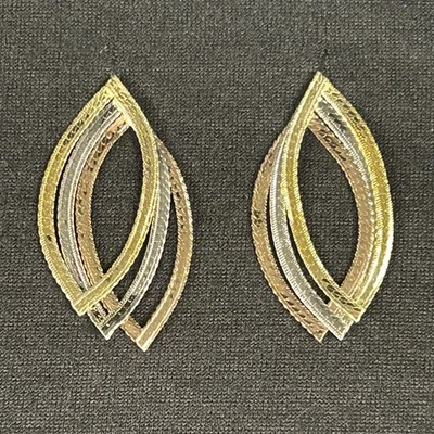 80's 14K Tricolor Herringbone Leaf Dangle Earrings. Yellow White & Rose Gold. - Image 1 of 4