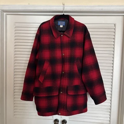 Vtg Pendleton Mens Wool Mackinaw Red Plaid Thinsulate Heavy USA Warm Leather L - Image 1 of 4