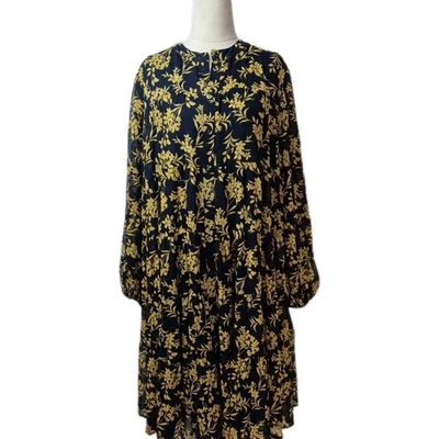 Review Shirt Dress Women Size 16 Navy Gold Floral Knee Length Long Sheer sleeve - image 1 of 4