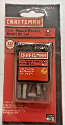 NOS CRAFTSMAN 10 PC 1" SQUARE #2 RECESS INSERT BITS MADE IN USA 1/4" HEX HOLDER - Image 1 of 3