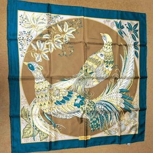 Salvatore Ferragamo Unused Silk Scarf Peacock Bird Blue Gold 90×90cm - Picture 1 of 9